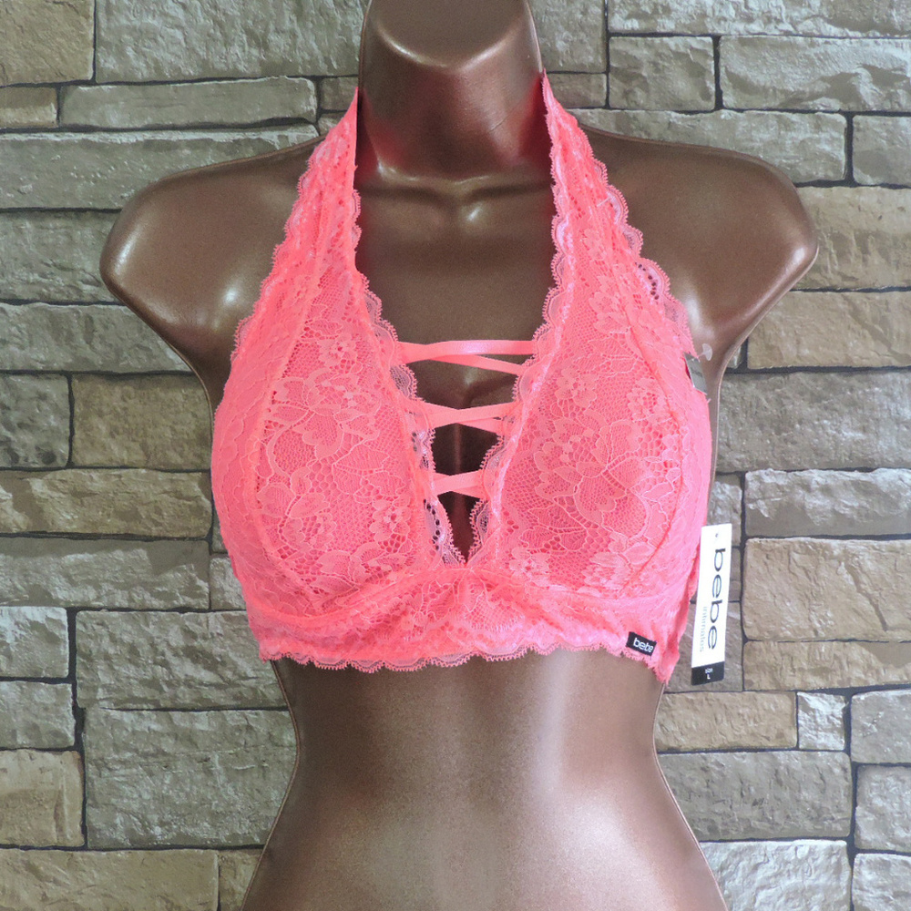 NEW bebe halter lace bralette Coral M
